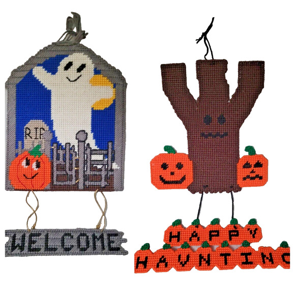 Set 2 Vintage Halloween Needlepoint on Plastic Decoration Pumpkin Ghost Graveyar - Picture 1 of 10
